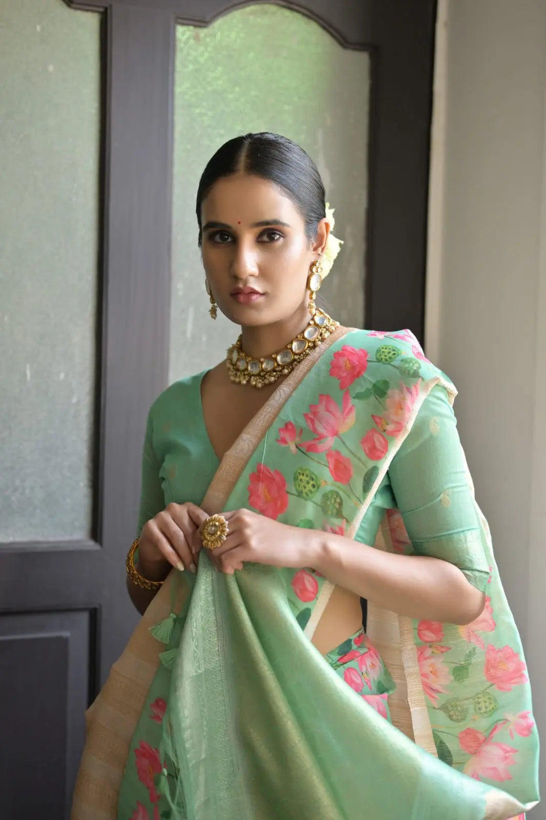 Light Pastel Green Zari Work Silk Saree